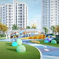 Outdoor Children's Play Area Featuring Slide Dome Structure Colorful Floor Trees And High Rise Buildings