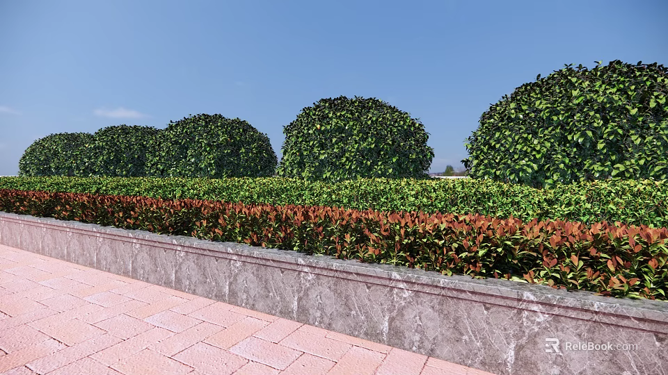 Well Trimmed Round Shrubs With Low Red Green Bushes Stone Wall And Red Brick Pavement 3d model 