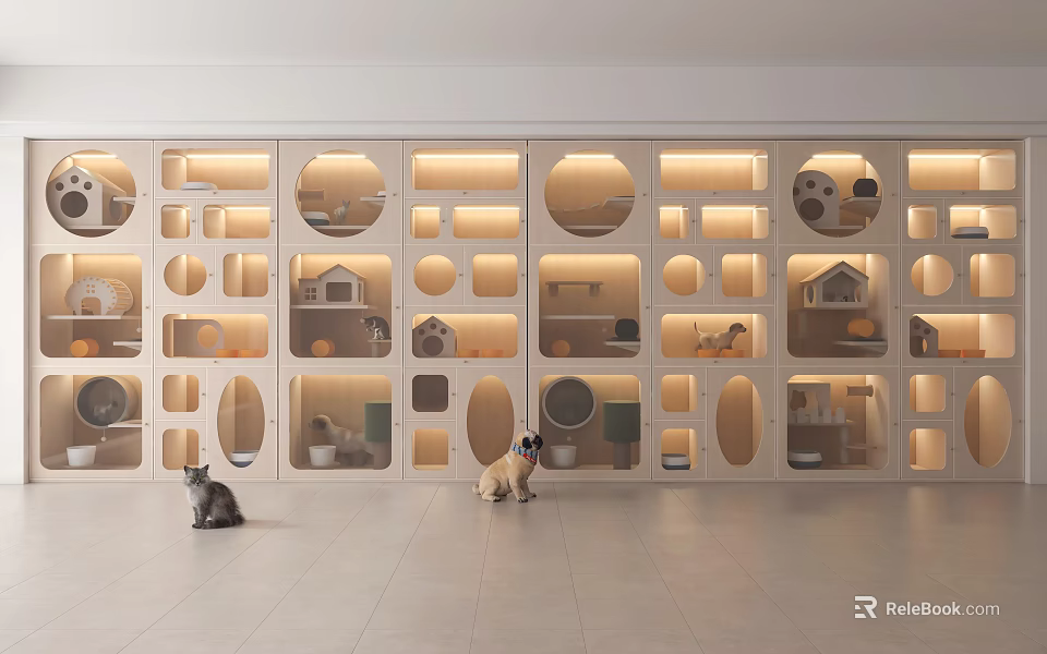 Modern Wooden Display Shelves With Circular Rectangular Compartments Warm Lighting And Cats 3d model 