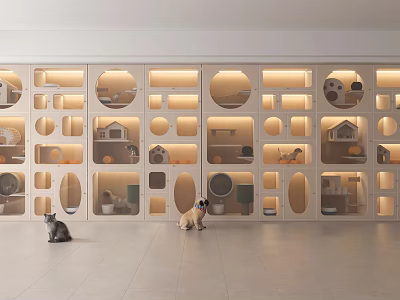 Modern Wooden Display Shelves With Circular Rectangular Compartments Warm Lighting And Cats 3d model