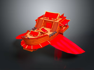 Red Chinese Traditional Architecture Styled Spacecraft With Multi Layered Pavilion Design For Cosmic Exploration 3d model