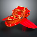 Red Chinese Traditional Architecture Styled Spacecraft With Multi Layered Pavilion Design For Cosmic Exploration