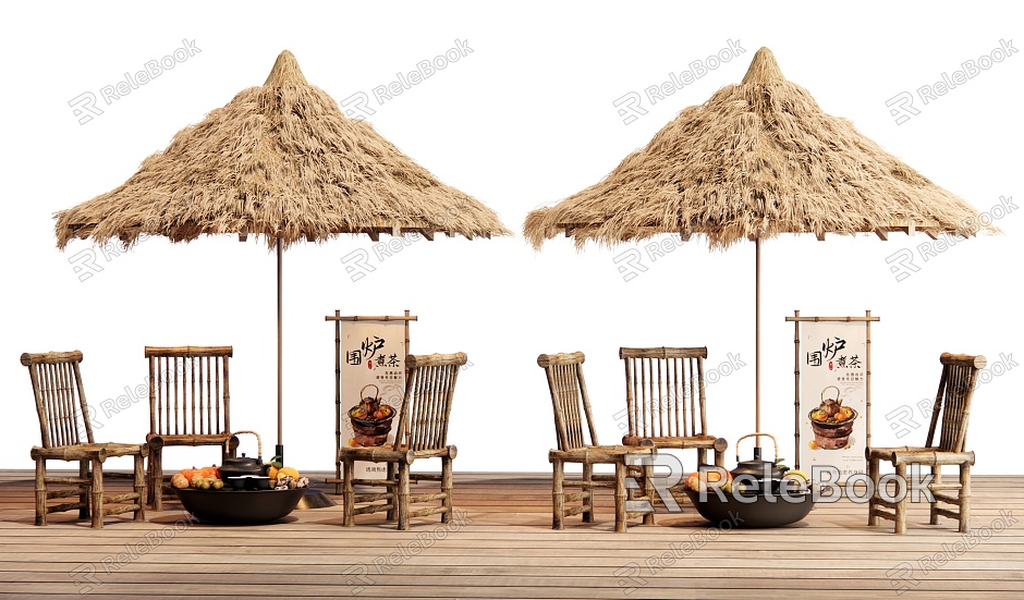 Chinese Style Outdoor Table and Chair Enclosure Stove Tea Bamboo Woven Outdoor Chair Camping Meichen Bonfire Thatched Umbrella Thatched Pavilion model