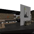 Modern Interior Display Space With Wooden Shelves Long Tables And Stone Decorative Floor