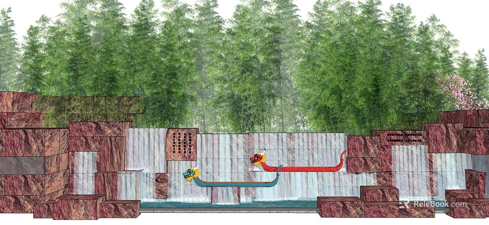 Scenic Wall With Stone Structure Dragon Decorations Waterfall And Bamboo Forest Backdrop 3d model 