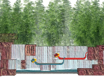 Scenic Wall With Stone Structure Dragon Decorations Waterfall And Bamboo Forest Backdrop 3d model
