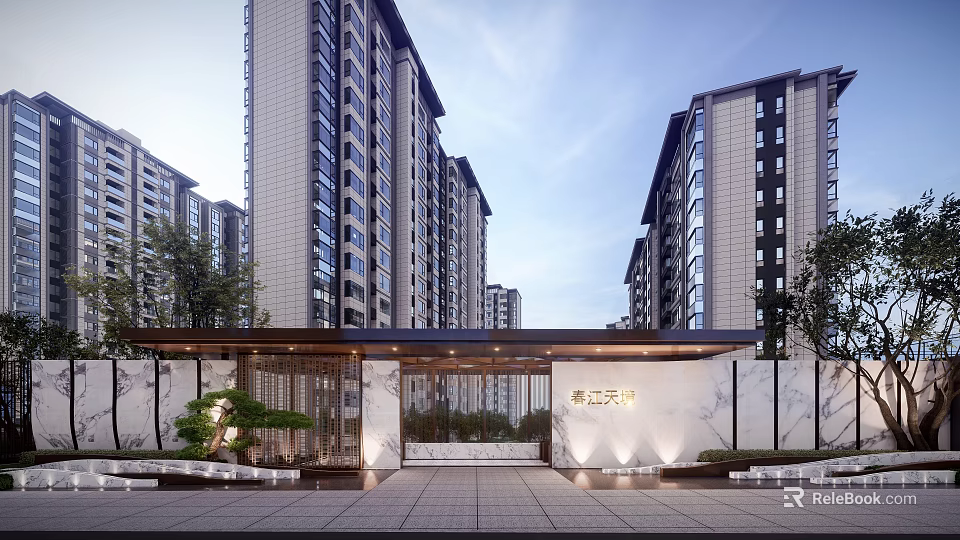 Modern Residential Community Entrance Gate With High-Rise Buildings Marble Walls And Lighting 3d model 
