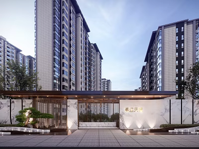 Modern Residential Community Entrance Gate With High-Rise Buildings Marble Walls And Lighting 3d model