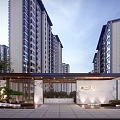 Modern Residential Community Entrance Gate With High-Rise Buildings Marble Walls And Lighting