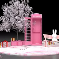 Pink Telephone Booth With White Flower Tree Pink Bench Rabbit Doll Petals And Gift Boxes