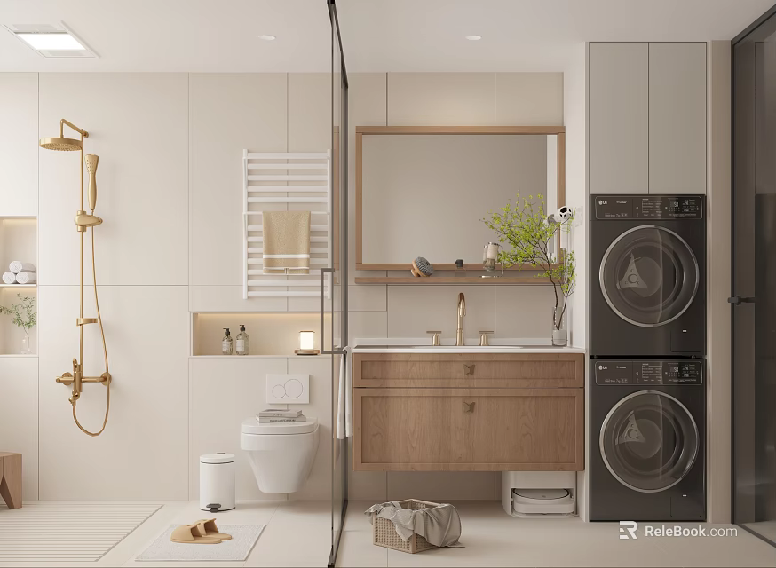 Modern Warm Light Tone Bathroom With Wooden Vanity Gold Shower Fixtures And Stacked Laundry Appliances 3d model 