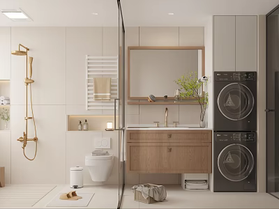 Modern Warm Light Tone Bathroom With Wooden Vanity Gold Shower Fixtures And Stacked Laundry Appliances 3d model