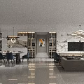 Modern Living and Dining Room Interior With Marble Wall Chandelier Sofa Dining Table and Artwork