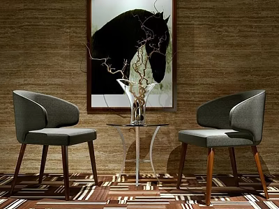 Gray Leisure Sofa Set with Modern Wooden Wall Art Round Coffee Table and Geometric Carpet 3d model