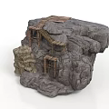 Realistic 3D Rock Formation With Wooden Bridge Planks And Platform Structure