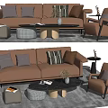 Modern Brown Leather Sofa and Coffee Table Set with Accent Chair Pillows and Decorative Items