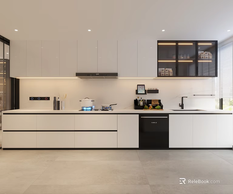 Modern Kitchen Interior Design With White Cabinets Dishwasher Stove And Range Hood 3d model 