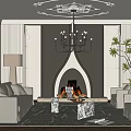 Elegant Classic Living Room Interior With Fireplace Chandelier Sofa Armchairs And Potted Plant