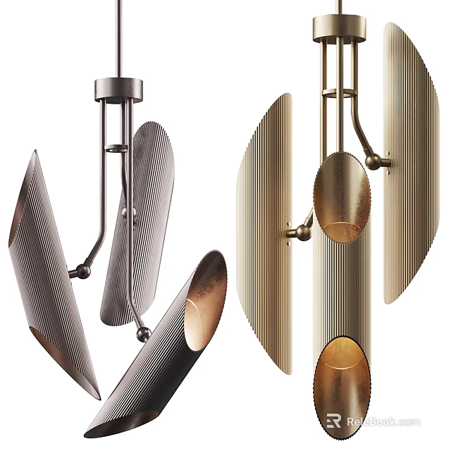 Modern Chandelier Design with Sleek Metal Structure and Curved Brass Shades 3d model 