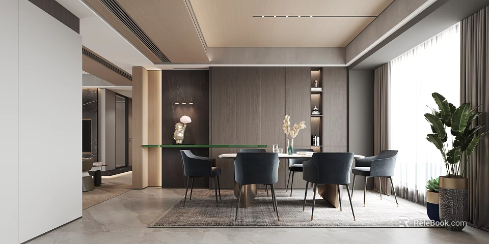 Elegant Modern Restaurant Interior With Dining Table Chairs And Decorative Flowers 3d model