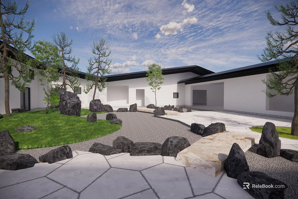 Modern Courtyard Garden Design With Stone Pathway Green Lawn And Decorative Rocks 3d model 