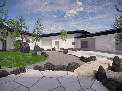 Modern Courtyard Garden Design With Stone Pathway Green Lawn And Decorative Rocks 3d model