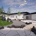 Modern Courtyard Garden Design With Stone Pathway Green Lawn And Decorative Rocks