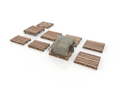Multiple Wooden Pallets Arranged With Central Green Covered Item 3d model