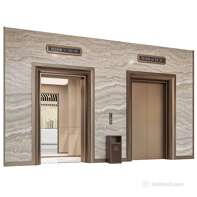 Elevator with Brown Open Door Marble Wall Floor 1 to 15 and 1 to 18 Indicators Design 3d model 