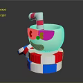 Cartoon Cup Character With Big Eyes Red Nose Striped Straw On Red Blue White Base