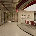 Modern Office Corridor with Green Plants Tree Orange Geometric Decorations and Red Chairs Meeting Room