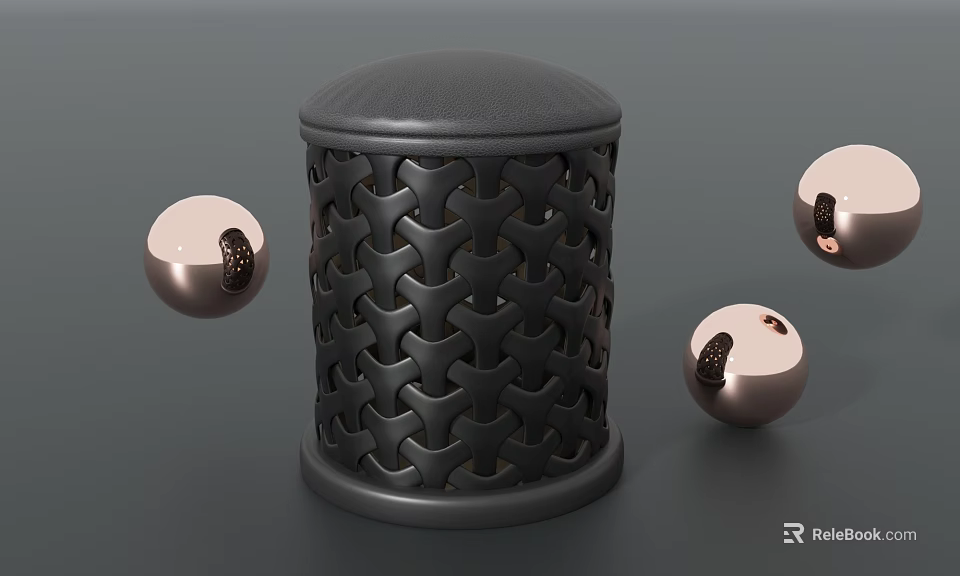 Modern Black Stool With Intricate Woven Pattern And Floating Metallic Spheres 3d model