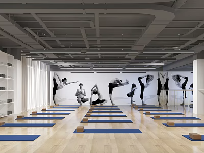 Bright Yoga Studio With Blue Mats Wooden Floor And Yoga Pose Posters 3d model