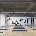 Bright Yoga Studio With Blue Mats Wooden Floor And Yoga Pose Posters