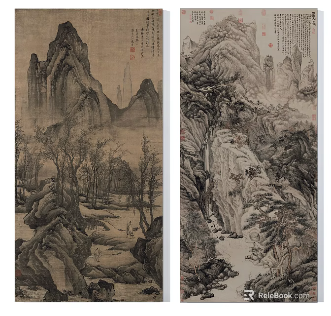 Traditional Chinese Landscape Painting With Mountains Trees And Ink Wash Style 3d model 