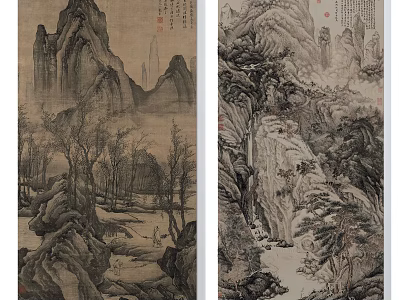 Traditional Chinese Landscape Painting With Mountains Trees And Ink Wash Style 3d model
