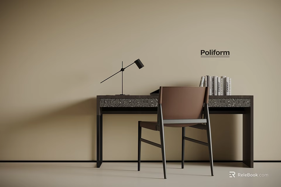 Poliform Modern Desk with Brown Chair Lamp and Books in Minimalist Interior 3d model 