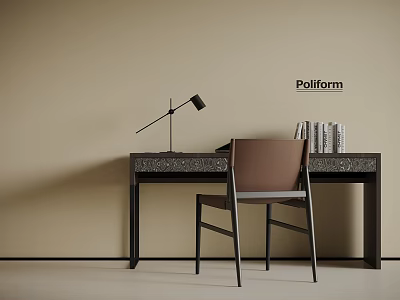 Poliform Modern Desk with Brown Chair Lamp and Books in Minimalist Interior 3d model