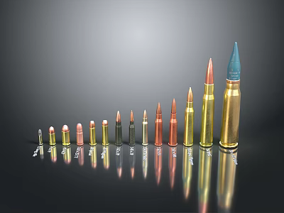 Various Types Of Weapon Bullets With Different Sizes And Metallic Colors Arranged 3d model