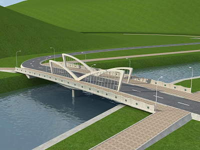 Modern Curved Bridge Over River With Green Grassland And Road Sidewalk 3d model