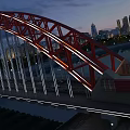 Aerial Planning of Red Arch Bridge With City Night View And River Illumination