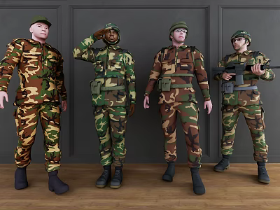 Men in Camouflage Military Uniforms Standing in Different Poses Against Gray Wall 3d model