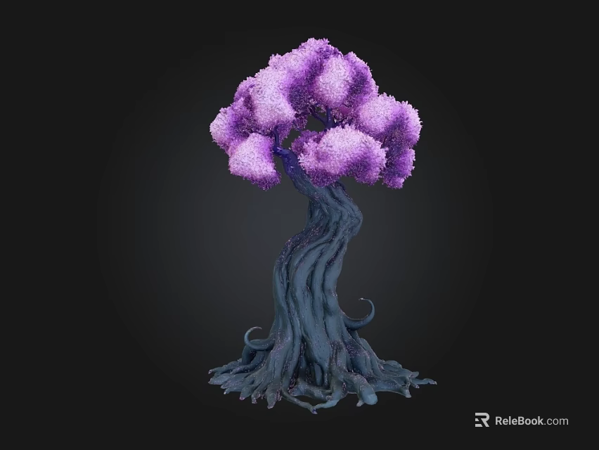 Unique Purple Foliage Arbor With Twisted Dark Trunk And Gnarled Roots 3d model 