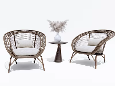 Brown Woven Rattan Outdoor Sofa Chairs With White Cushions And Decorative Side Table 3d model
