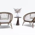 Brown Woven Rattan Outdoor Sofa Chairs With White Cushions And Decorative Side Table
