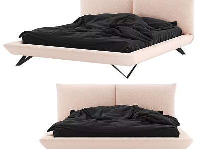 Modern Double Bed With Beige Upholstered Headboard Black Bedding And Floating Frame 3d model