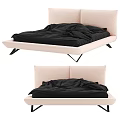 Modern Double Bed With Beige Upholstered Headboard Black Bedding And Floating Frame