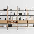 Modern Wooden Storage Shelf Unit With Metal Frame And Decorative Accessories