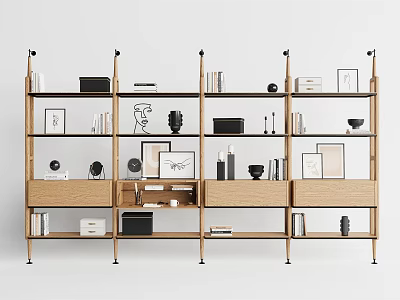 Modern Wooden Storage Shelf Unit With Metal Frame And Decorative Accessories 3d model