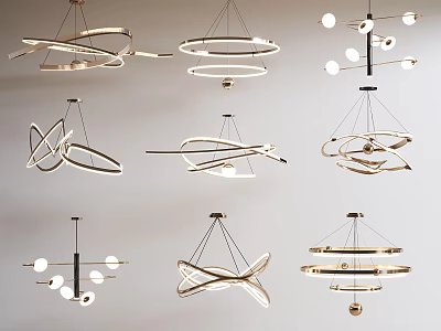 Modern Chandeliers With Various Circular Spiral And Cross Shaped Metallic Designs 3d model